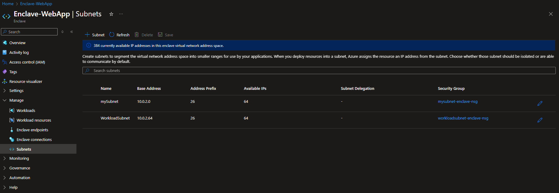 Screenshot showing the enclave subnet management page.