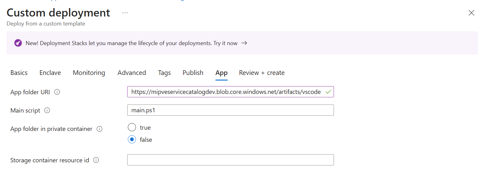 Screenshow showing the App tab during a Virtual Machine deployment.