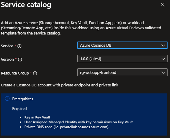 Screenshot showing the Cosmos DB template selected from the service catalog list.
