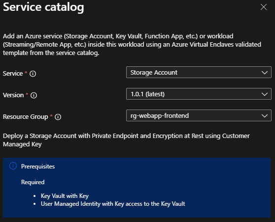Screenshot showing the Storage Account template selected from the service catalog list.