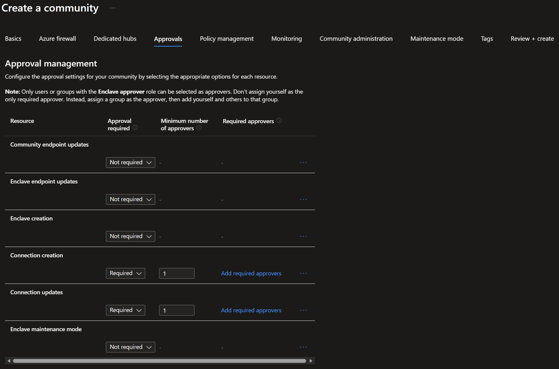 Screenshot showing the community approvals setting page for the tutorial environment.
