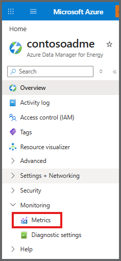 Screenshot of the Azure Data Manager for Energy resource left menu with the Metrics option highlighted under the Monitoring section.