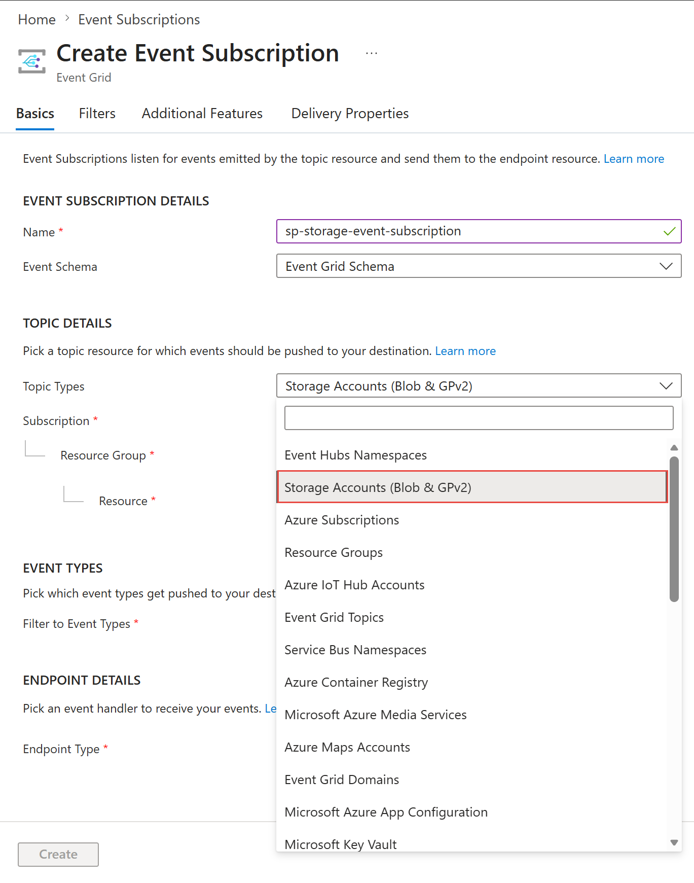 Screenshot that shows the Create Event Subscription page.