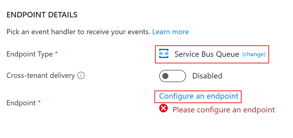 Screenshot that shows the selection of Service Bus queue as the endpoint.