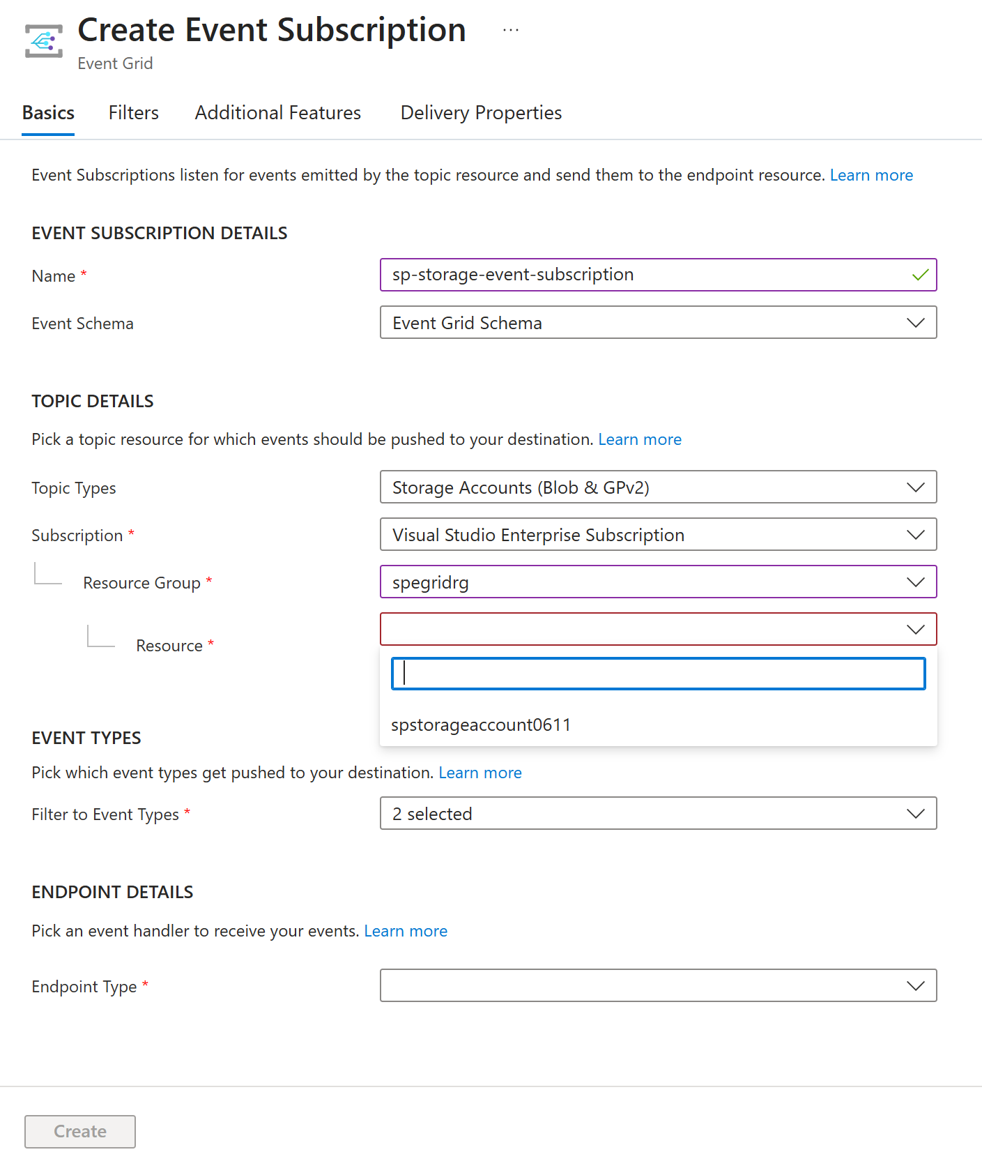 Screenshot that shows the Create Event Subscription page with the storage account selected.