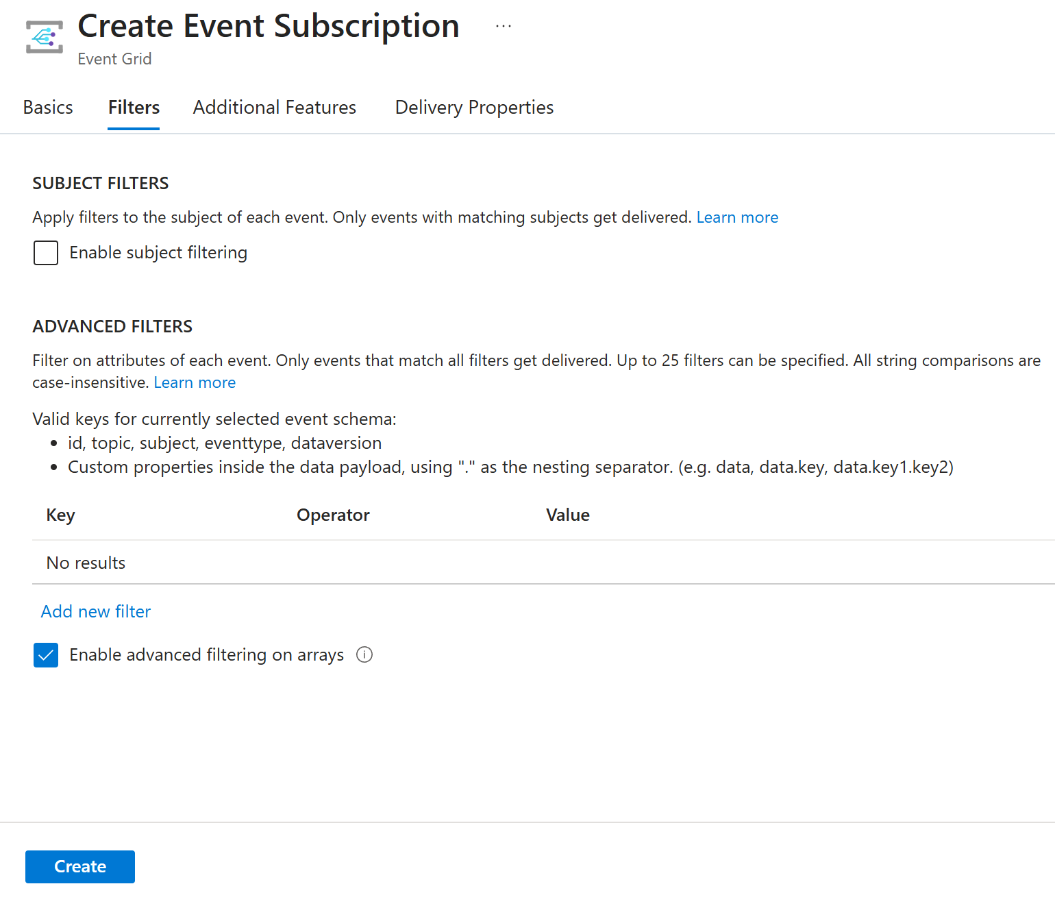 Screenshot that shows the Filters tab of the Create Event Subscription page.