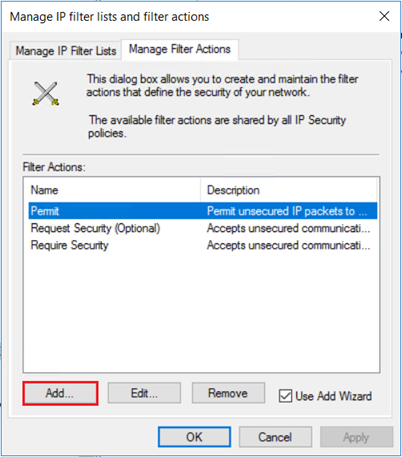 Screenshot of adding a filter action.