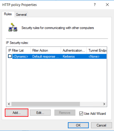 Screenshot of adding a new security rule to the IPsec policy.