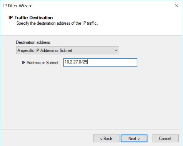 Screenshot of the destination network settings.