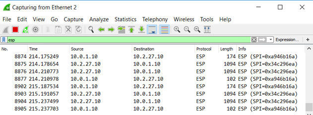 Screenshot of captured IPsec encrypted traffic.