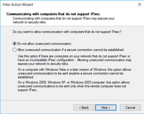 Screenshot of specifying behavior for unsecured connections.