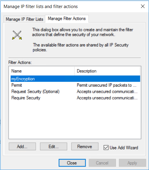 Screenshot of the filter action list showing myEncryption was added.