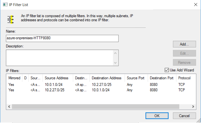 Screenshot of the IP filter list with two entries.