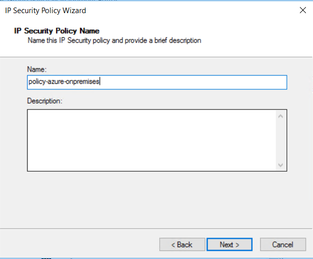 Screenshot of naming the IPsec security policy.