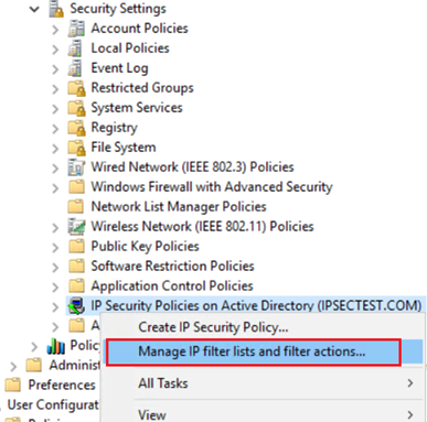 Screenshot of Manage IP Filter Lists and Filter Actions.