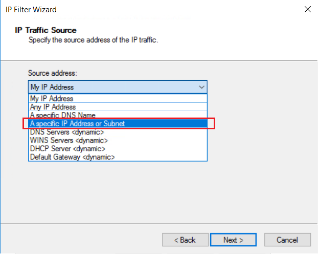 Screenshot of selecting the source subnet address.
