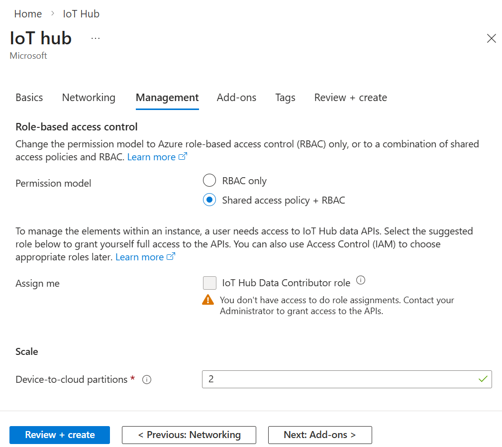 Screenshot that shows how to set the role-based access control and scale for a new IoT hub.