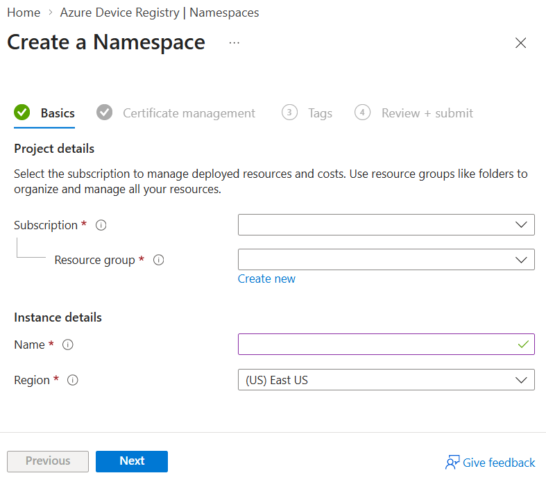 Screenshot that shows how to fill in the Basics tab for a Device Registry namespace in the Azure portal.