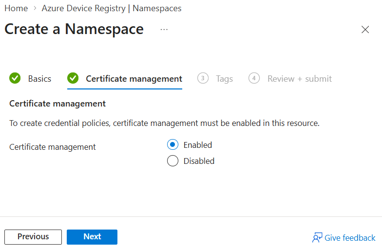 Screenshot that shows how to enable certificate management for a Device Registry namespace in the Azure portal.