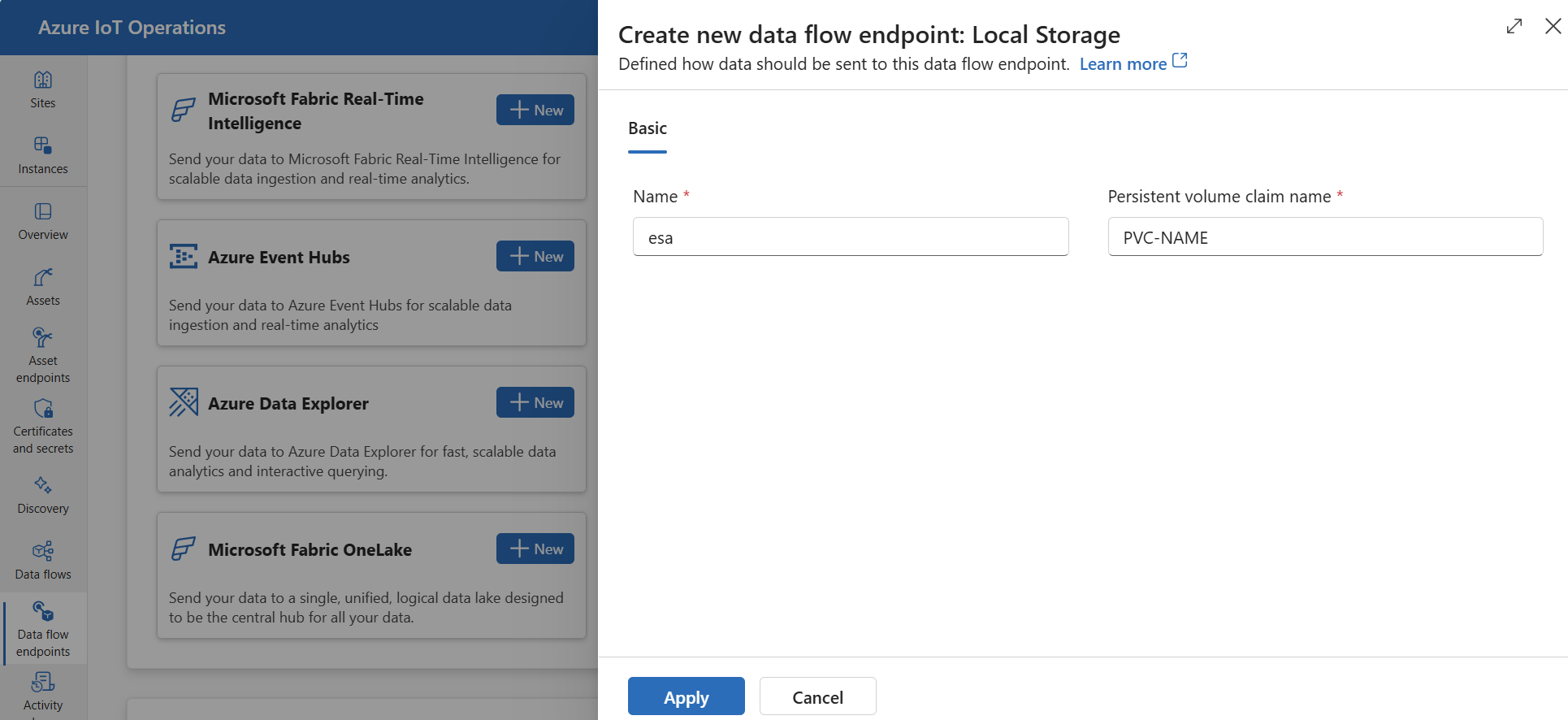 Screenshot that shows using the operations experience to create a local storage data flow endpoint.