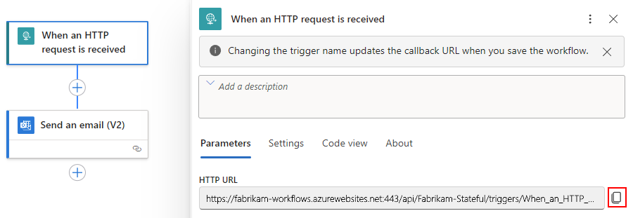 Screenshot shows workflow designer with Request trigger and endpoint URL in property named HTTP URL.