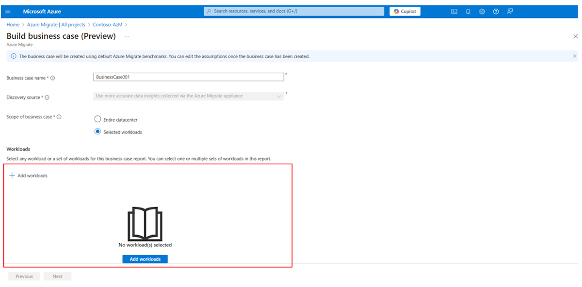 Screenshot that shows how to add workloads.