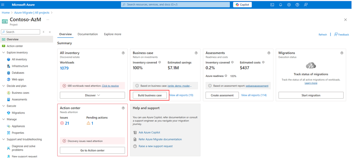 Screenshot that shows the Build business case card.