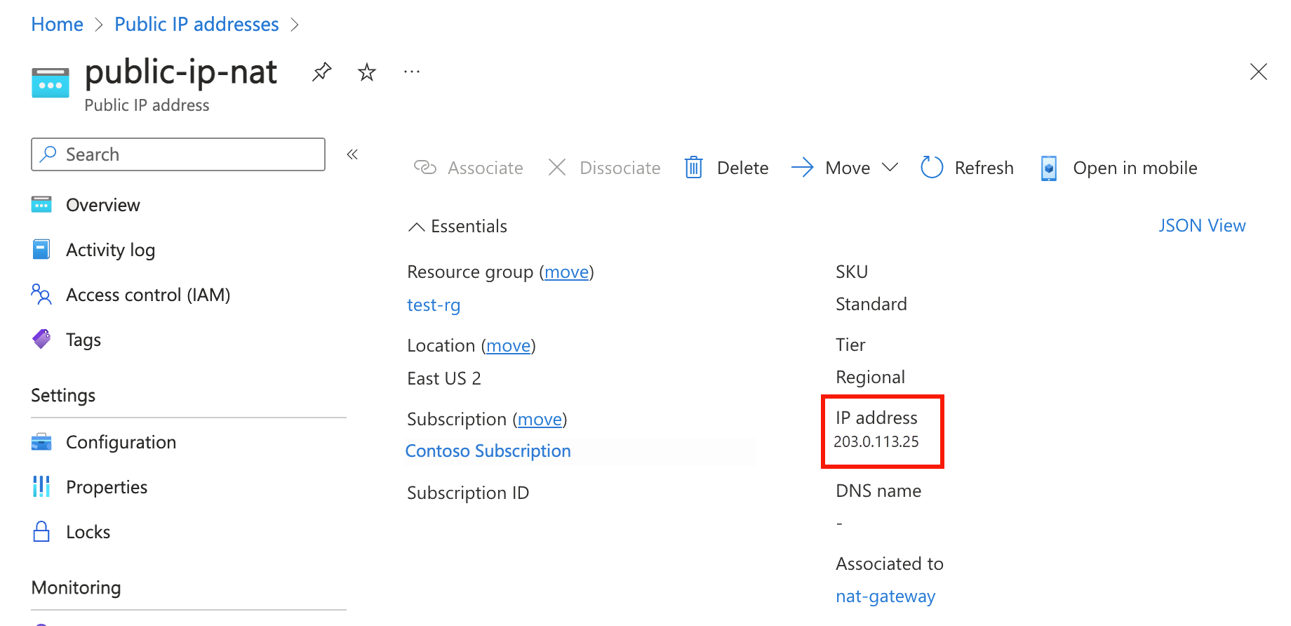 Screenshot that shows the location of the public IP address for a NAT gateway.