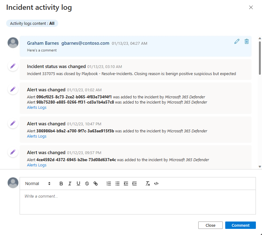 Screenshot of the incident activity log pane showing existing comments and a rich text editor to add a new comment.