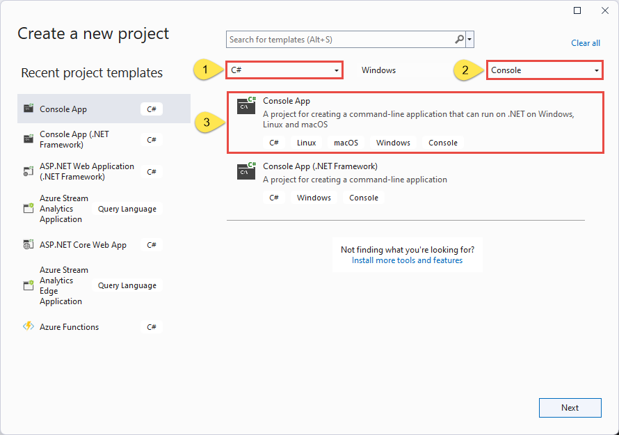 Screenshot of the Create a new project dialog box with C# and Console selected.