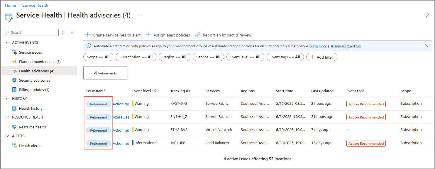 Screenshot of Health advisories pane with subtype event tags.
