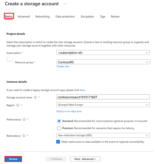 Screenshot that shows an example of Create a storage account option.