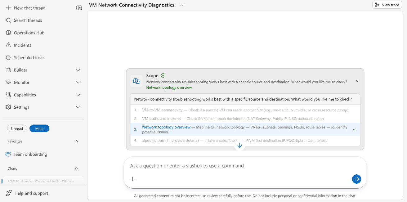 Screenshot of agent presenting four scoping options for network troubleshooting: VM-to-VM connectivity, outbound internet, topology overview, or specific pair.
