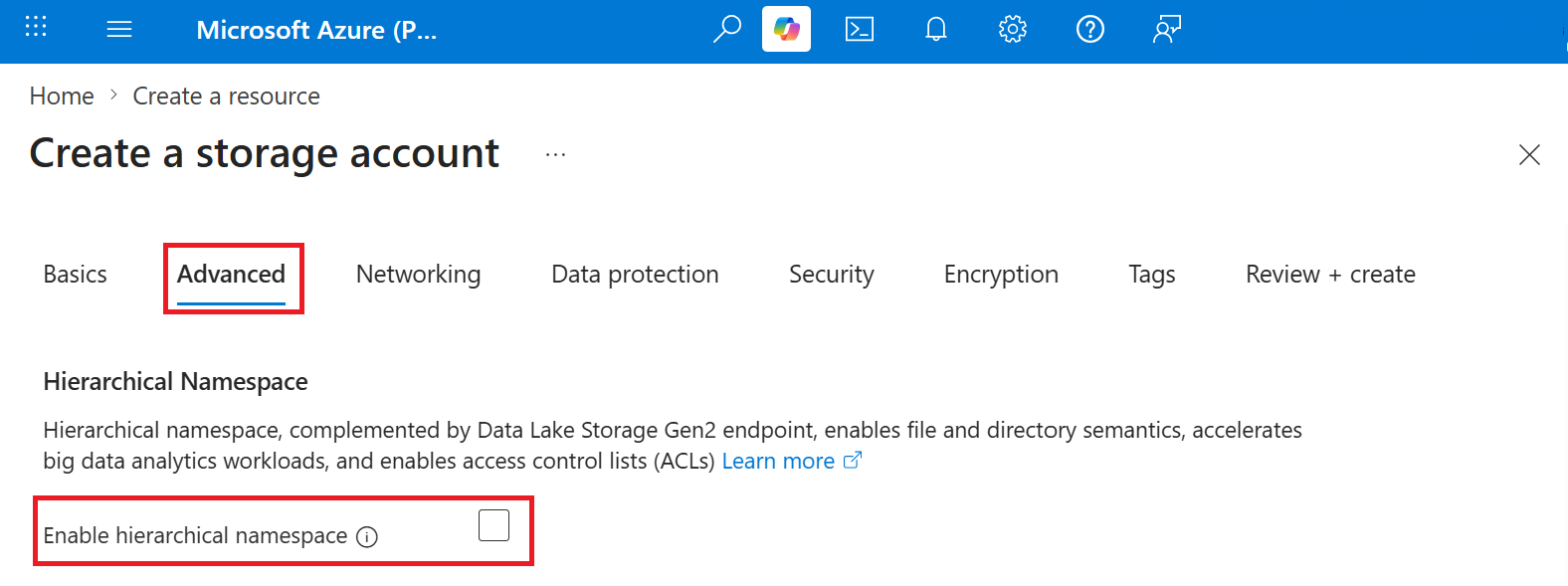 Screenshot of the Enable hierarchical namespace setting in the Advanced tab of the Create a storage account page in Azure Data Lake Storage.