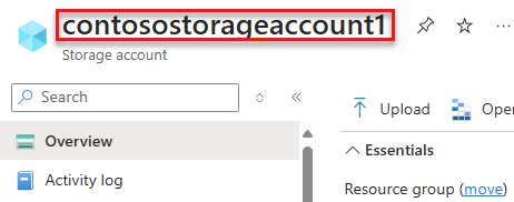 Screenshot of the Azure portal page highlighting the storage account name.