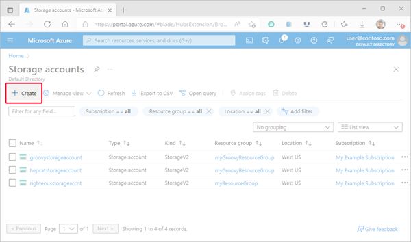 Screenshot of the Create button on the Storage accounts page in the Azure portal.