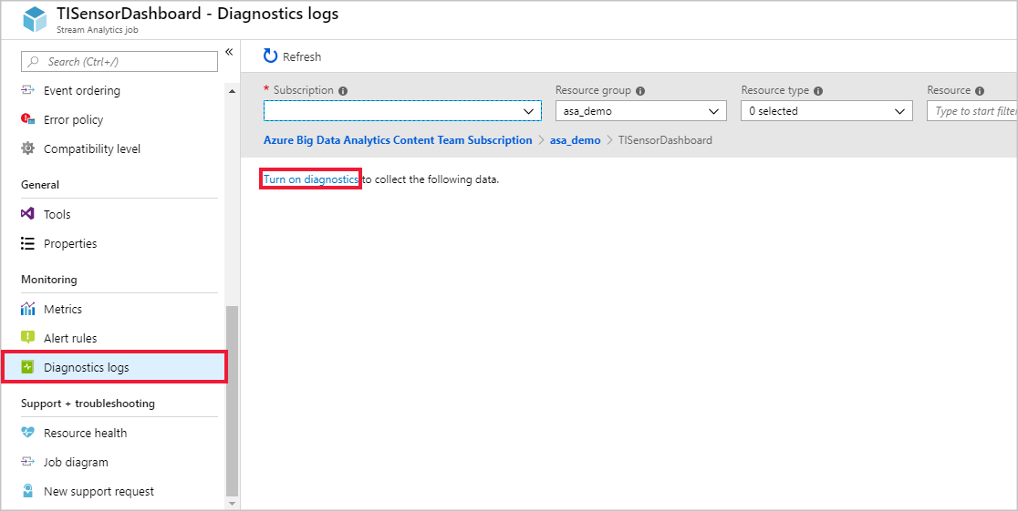 Screenshot that shows the navigation to resource logs.