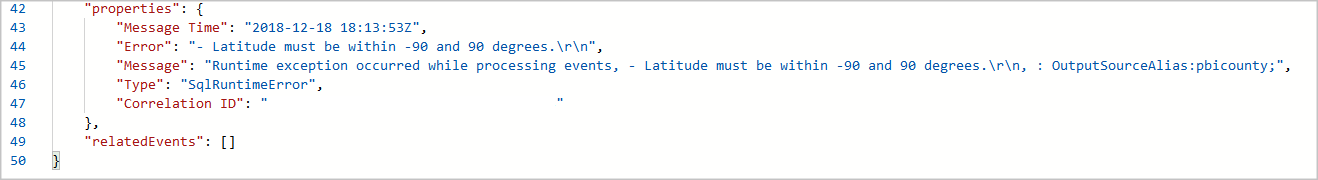 Screenshot of the JSON Properties section that shows error details for a failed operation.