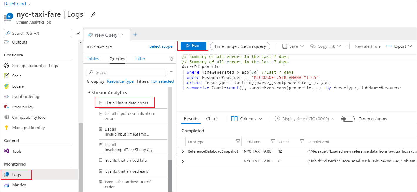 Screenshot that shows the Logs page for a Stream Analytics job.