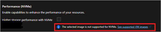 Screenshot that shows an example of choosing an operating system image that isn't supported for NVMe.