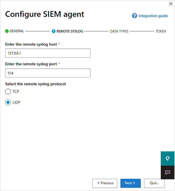 Screenshot of the Remote Syslog settings page with fields for host, port, and protocol for SIEM forwarding.