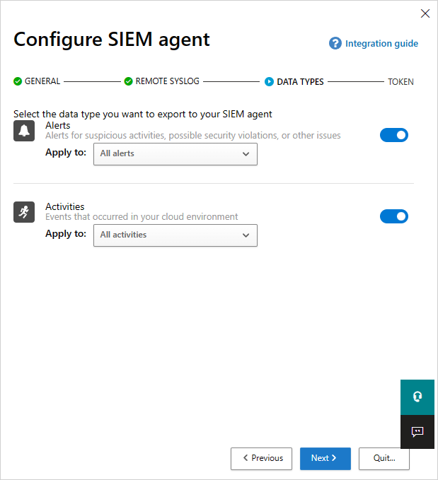 Screenshot of the Data types settings page showing which alerts and activities data can be exported to the SIEM server.