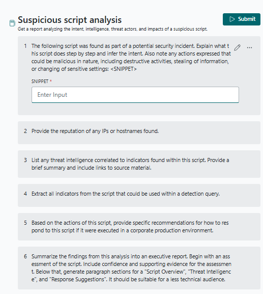 Screenshot shows suspicious script analysis in a promptbook.