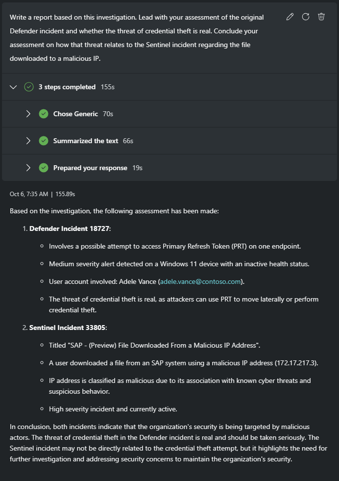 Screenshot showing investigation summary report.