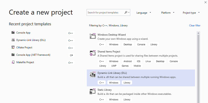 Screenshot of the Create a new project dialog with the dynamic-link library template highlighted.