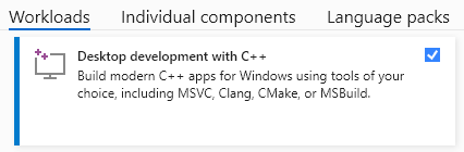 Screenshot of the Visual Studio Installer with the Workloads tab selected and Desktop Development with C++ selected.