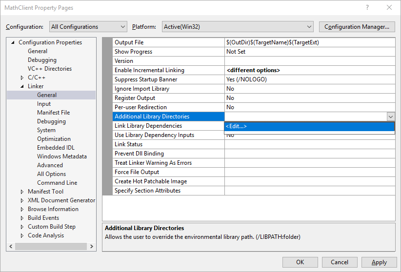 Screenshot of the Property Pages dialog under General that shows the Edit command in the Additional Library Directories property dropdown.