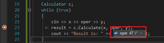 Screenshot demonstrating a tooltip that appears while hovering over the variable y, which displays y's current value, which is 0.