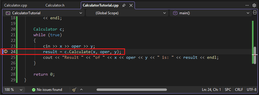 Screenshot of Visual Studio editor with program execution halted at the conditional breakpoint on the line: result = c.Calculate(x, oper, y);.