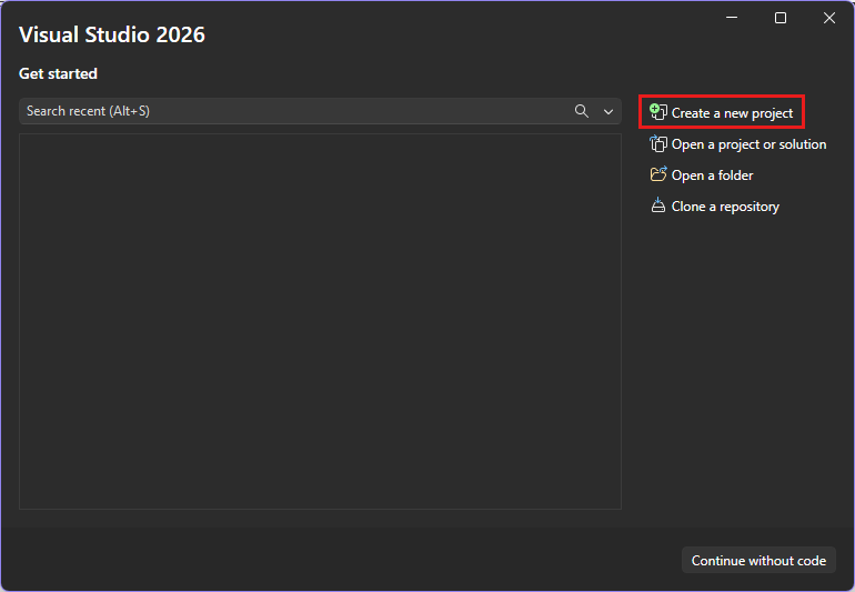 Screenshot of dialog that appears when Visual Studio starts with Create a new project highlighted.